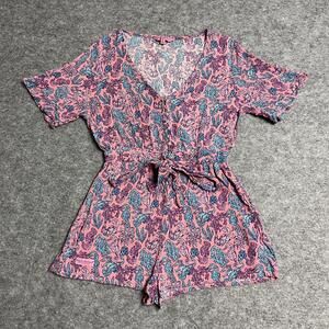 Simply Southern Collection Romper Womens L Pink Paisley Crepe V-Neck Button Tie